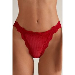   Tezenis Magas Szabású, Bordázott Bársony Brazil Fazonú Tanga, Csipkével